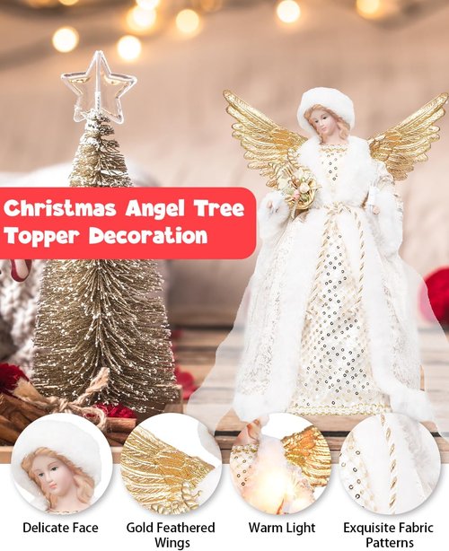 Bdor 14 Inch Christmas Tree Topper Angel - Elegant White & Gold Figurine with Lighted Wings for Holiday Décor