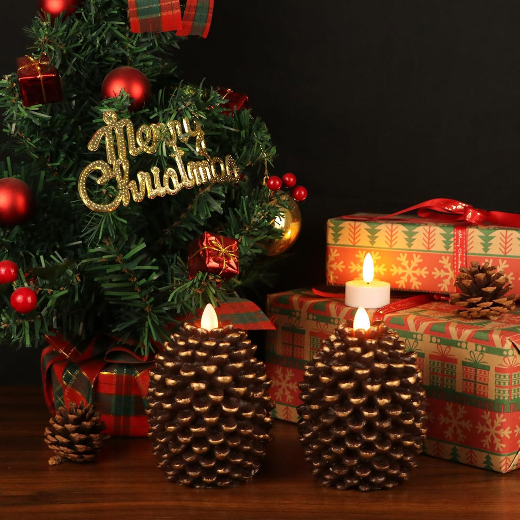 Wondise Flameless Candles - Battery Operated Real Wax Pine Cone Design | Set of 2, Brown (D3.5 x H4.7 Inch)
