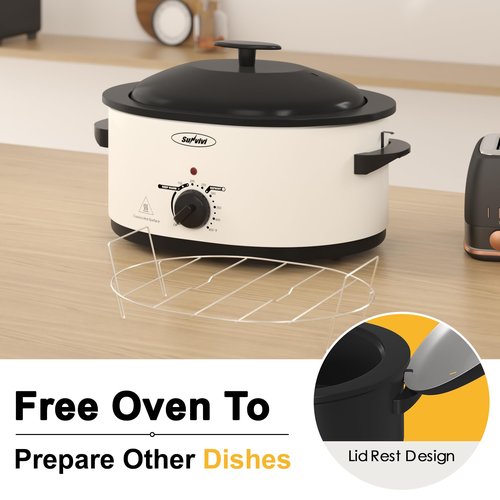 Sunvivi 8-Quart Roaster Oven with Self-Basting Lid, Electric Turkey Roaster Oven with Removable Pan and Rack, Stainless Steel, White