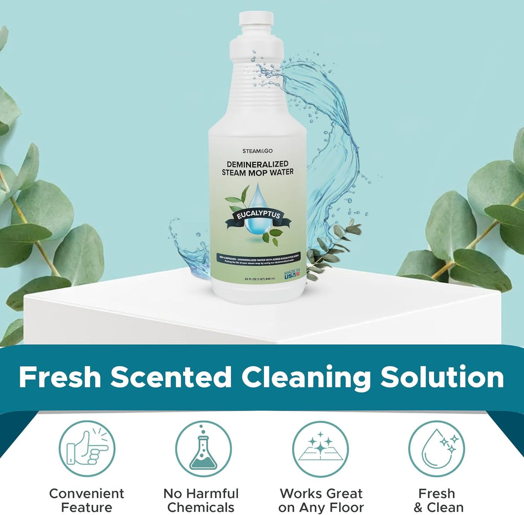 Steam & Go Demineralized Water | Eucalyptus Mint Steam Cleaner Solution, 32 oz - PVC-Free & Ready-to-Use