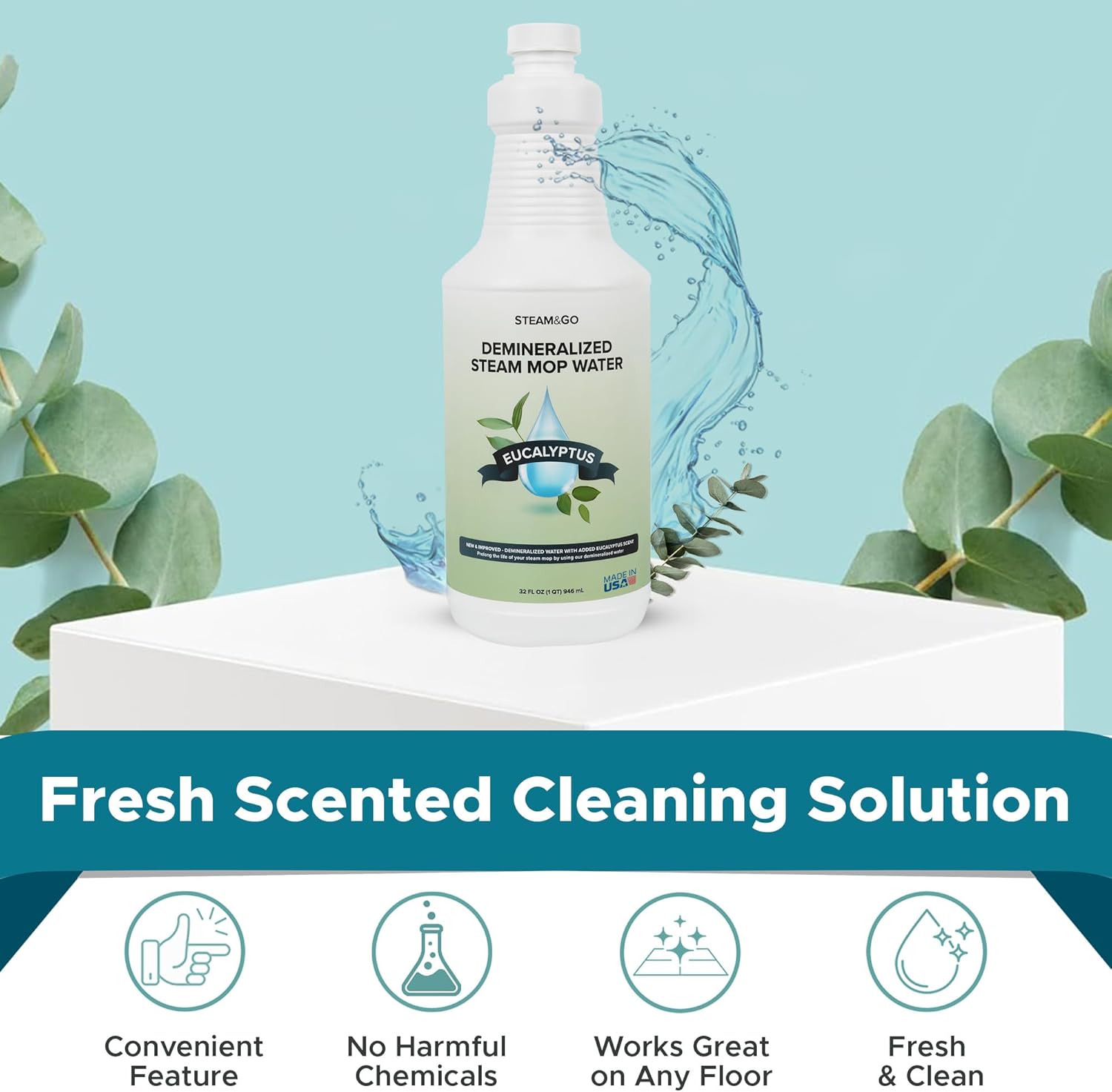 Steam & Go Demineralized Water | Eucalyptus Mint Steam Cleaner Solution, 32 oz - PVC-Free & Ready-to-Use