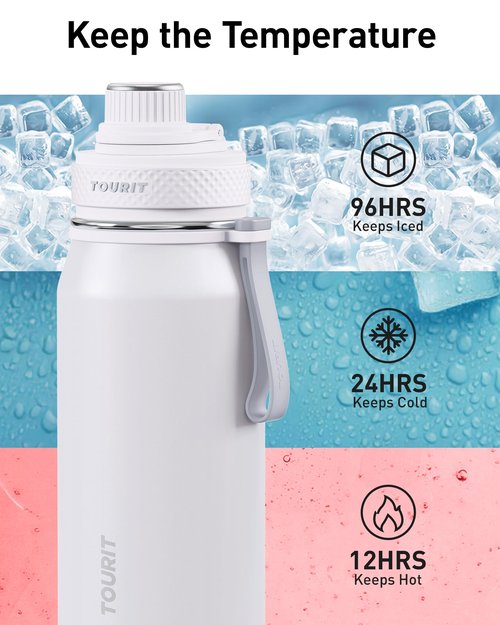 TOURIT 32oz Stainless Steel Wide Mouth Water Bottle, Double-Wall Vacuum Insulation with Spout Lid for Sports and Travel, Sapphire