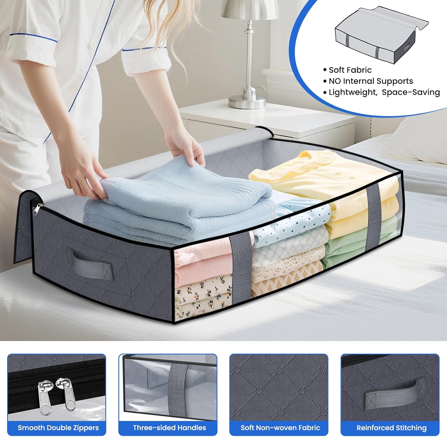 TasticTotes Under Bed Storage Containers - 4 Pack Collapsible Bags with Clear Front | 60L Grey for Clothes & Blankets