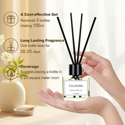 CALMORA Essential Oil Reed Diffuser Set - 3-Pack 50ml Flameless Room Air Freshener | Perfect for Bedroom & Bathroom