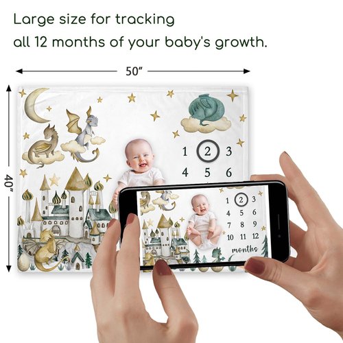 Yuzioey Dragon Milestone Blanket, Dragon Fairy Tale Baby Growth Chart Monthly Blanket, Watch Me Grow Dragon Baby Nursery for New Moms Baby Shower(50"x40")