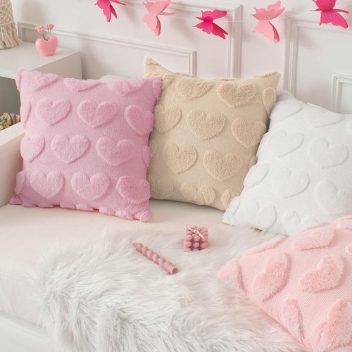 Kevin Textile Heart Love Cute Decorative Throw Pillow Covers 18x18 Inch Set of 2 Soft Faux Fur Pillow Covers for Valentine's Day Gifts Fluffy Plush Pillow Case for Couch Cushion Livingroom Pink