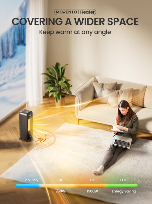 MORENTO Space Heaters for Indoor Use, Electric Portable Heater for Bedroom with Thermostat, WiFi Voice Control, 36dB Quiet 4 Modes 12H Timer, 1500W PTC Ceramic Heater for Office Home 1Pack Black