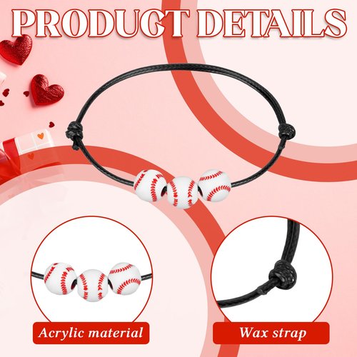 Demonwer 24 Sets Valentine's Day Baseball Bracelet Gift Adjustable Baseball Bracelets with Inspirational Cards Sport Party Favors for Valentine Team Prize Exchange Gifts Supplies