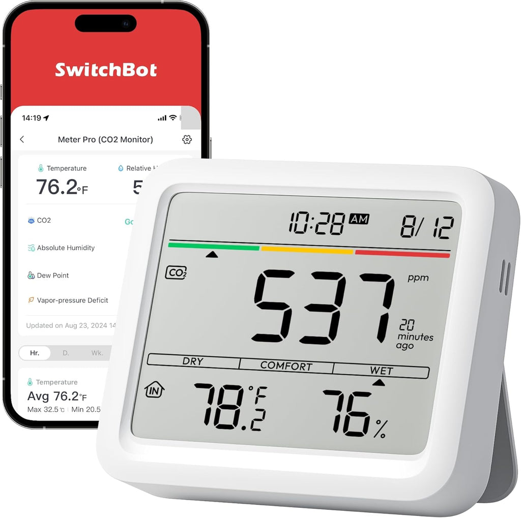 SwitchBot CO2 Detector - Portable Air Quality Monitor for CO2, Temperature & Humidity | Ideal for Home, Car & Office