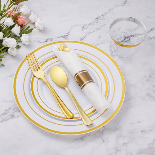 Goodluck 350-Piece Gold Plastic Dinnerware Set - Elegant Disposable Plates for 50 Guests | Includes Plates, Napkins & Silverware