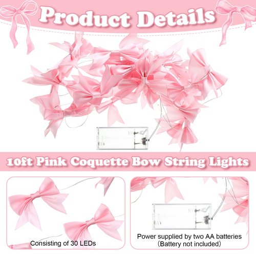 Glooglitter 10ft 30 LEDs Pink Bow String Lights Battery Operated Coquette Birthday Decor Cute Pink Bow Fairy Lights for Bedroom Party Birthday Wedding Valentines Decorations