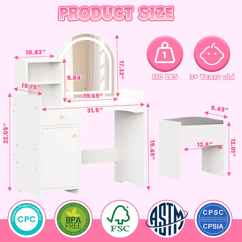 Zupemo Kids Vanity Table and Chair Set with Lighted Mirror, Toddler Vanity for Girls with Stool, Storage Shelves and Drawer, Little Girls Vanity Set with Mirror and Lights, White