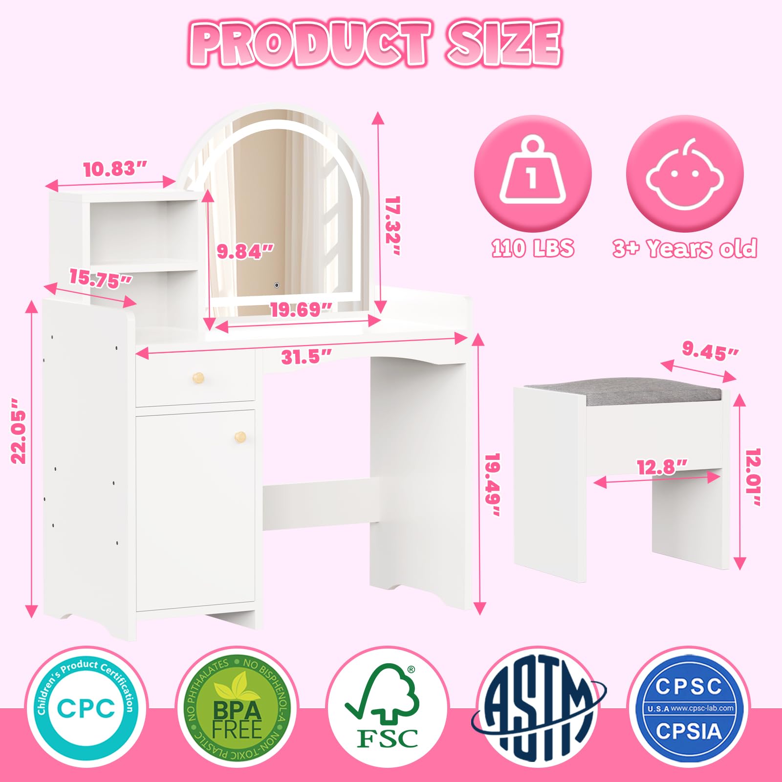 Zupemo Kids Vanity Table and Chair Set with Lighted Mirror, Toddler Vanity for Girls with Stool, Storage Shelves and Drawer, Little Girls Vanity Set with Mirror and Lights, White
