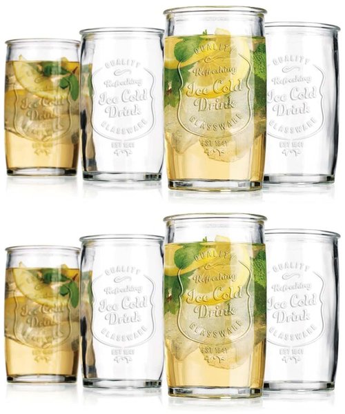 Glaver's Set of 8 Highball Glass Cups 20 OZ Stemless Tall Drinking Glasses For Everyday Use, Vintage Ice Cold Logo Tumbler Glassware for Bar, Juice, Cocktails, Beer, Water glasses.