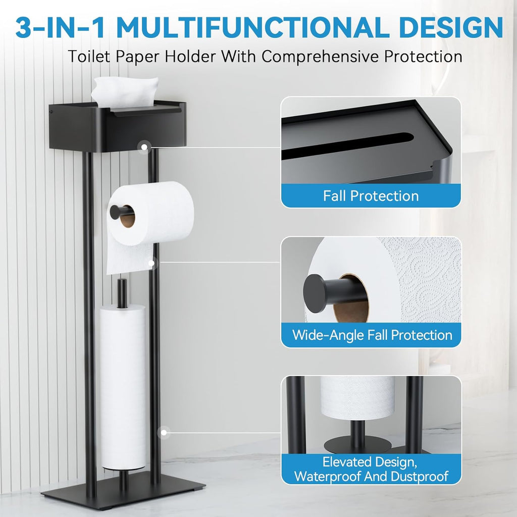 Skiennix Free Standing Toilet Paper Holder - Stylish Bathroom Organizer with Shelf for 4 Rolls | 29.7" x 12.6" (Matte Black)