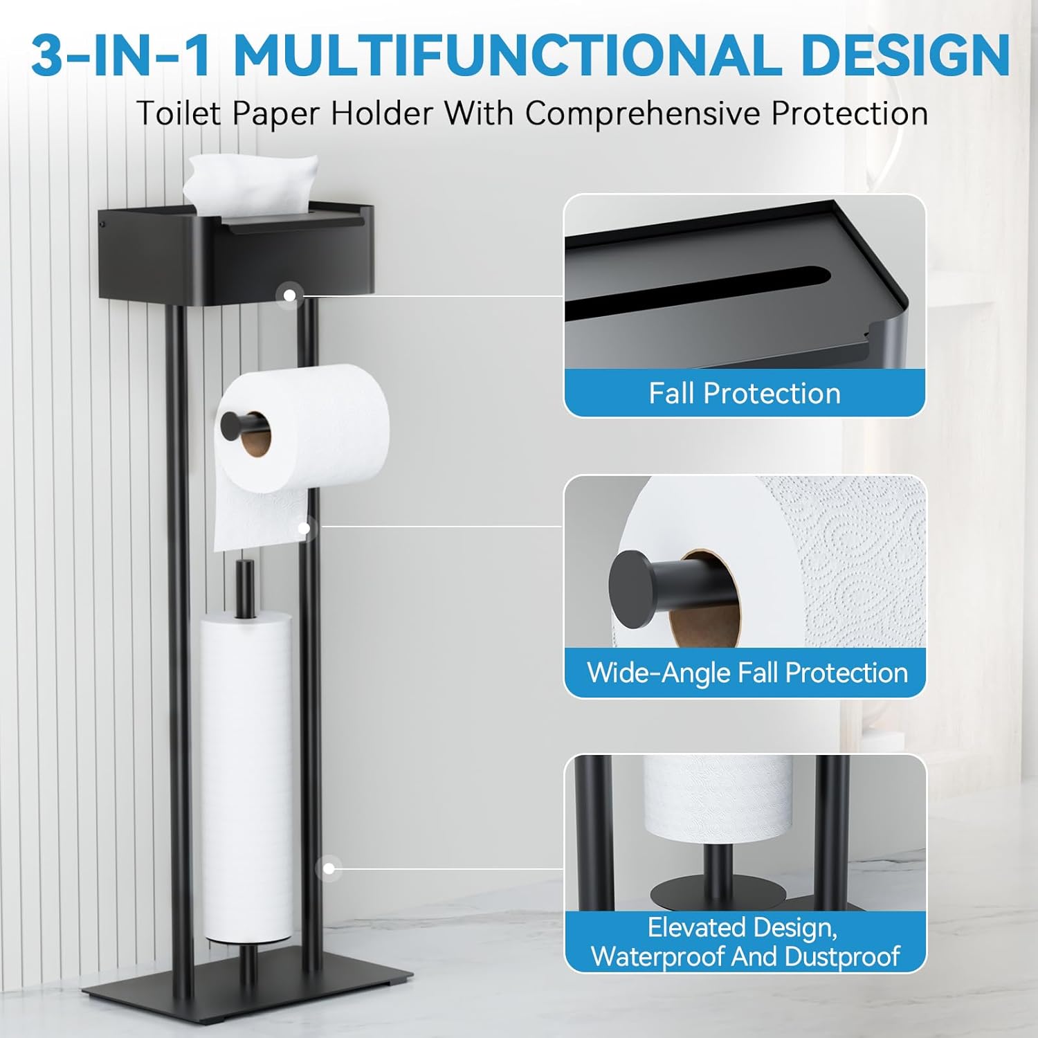 Skiennix Free Standing Toilet Paper Holder - Stylish Bathroom Organizer with Shelf for 4 Rolls | 29.7" x 12.6" (Matte Black)