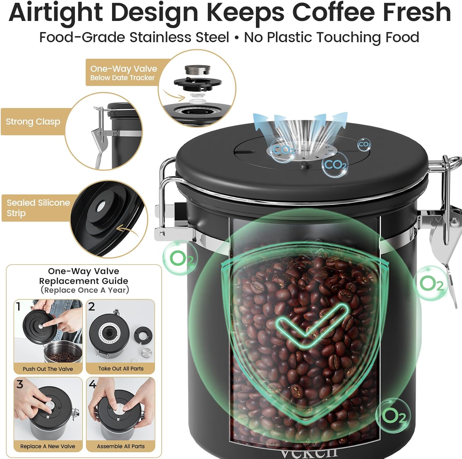 Veken Coffee Canister - Airtight Stainless Steel Food Storage Container with Window & Date Tracker | 16oz Black
