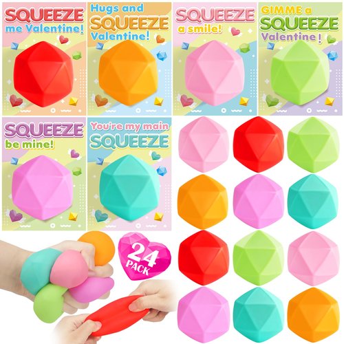 KIZZYEA Valentines Party Favors, 24 Pack Valentines Day Cards for Kids School with Diamond Squeeze Stress Balls, Valentines Day Gifts for Kids, Stretchy Toy for Classroom Prizes for Boys Girls