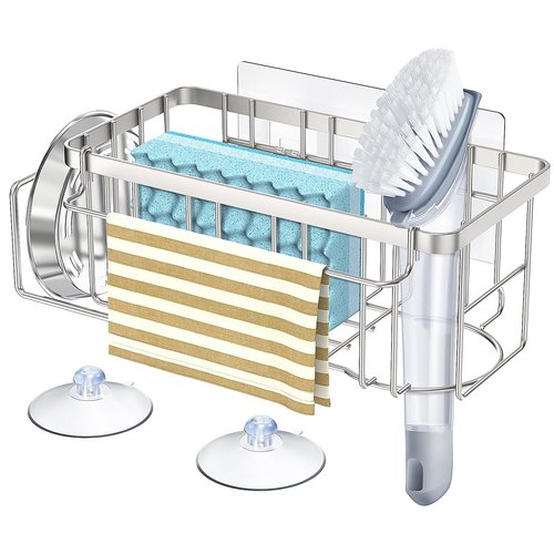 StorageRight 4-in-1 Sponge Holder for Kitchen Sink, Sink Caddy Organizers and Storage with Adhesive Hook & Suction Cups, Rustproof Kitchen Sink Organizer for Home Decor - Silver
