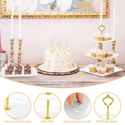 Lazycorner 10 Pcs Dessert Table Display Stands Set , with 6 Pcs 3-Tier Cupcake Stand & 4 Pcs Food Serving Tray - Cookie Tray Rack Serving Tray Cake Display Tower for Wedding Baby Shower Tea Party