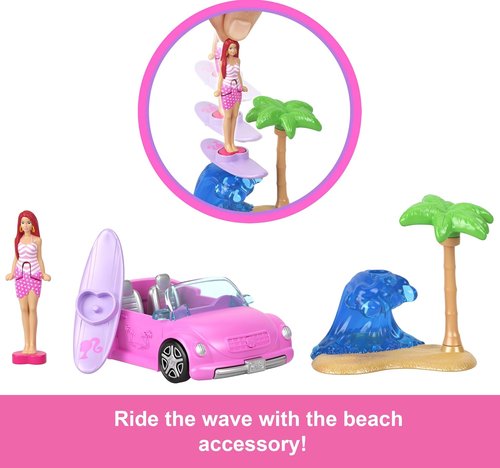 Barbie Mini Doll & Beach Convertible Vehicle Set - 1.5-Inch Doll with Color-Change Feature & Accessories