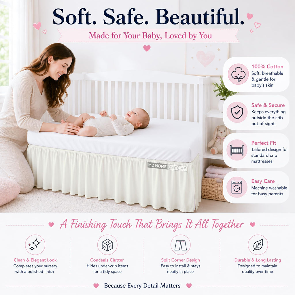 Crib Bed Skirt Dust Ruffle with Split Corners, 100% Cotton, Ivory Nursery Crib Skirt for Baby Boys or Girls, 28x52, 14" Drop, Toddler Bed Skirt, Baby Bedding, Crib Sheet Skirt, Soft & Breathable