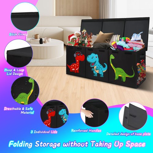 Extra Large Toy Box, Collapsible Sturdy Toy Storage Organizer with Lids, Dinosaur Toy Box for Boys Girls, 40"x16"x16" Kids Toy Chest Bin Baskets for Living Room, Playroom, Bedroom, Nursery, Black