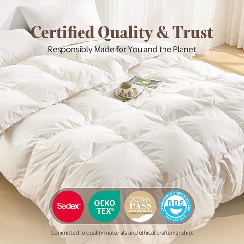 Oaken-Cat Goose Feather Down Fiber Comforter Queen Size - 100% Organic Cotton Shell All Season Duvet Insert, Medium Warmth Hotel Luxury Bedding Comforter(90x90 Inch, White)