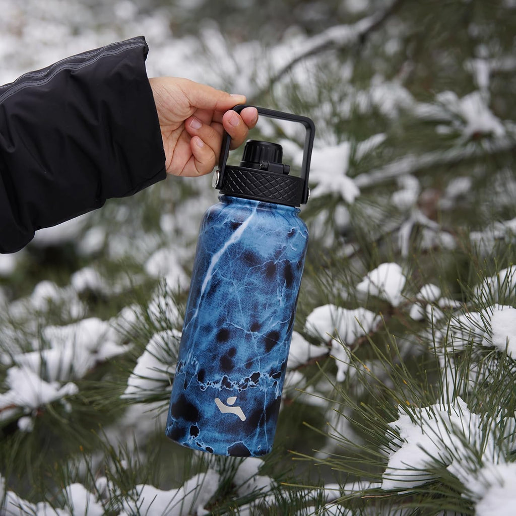Skiennix 22oz Stainless Steel Water Bottle - Insulated with 3 Lids | Marble Midnight Finish