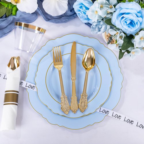 Liacere 175PCS Bule Plastic Plates - Disposable Ligh Bule and Gold Plates - Baroque Plastic Dinnerware 50Plates, 25Pack Pre Rolled Napkins with Silverware 25Cups for Baby Shower Party &Easter Day
