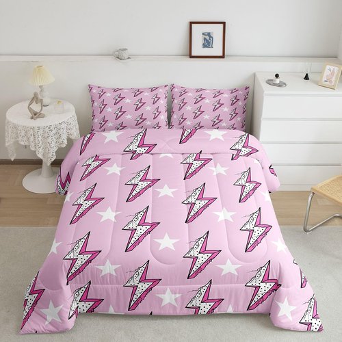 Homewish Lightning Light Print Kids Comforter Set Twin Size,Boys Girls Adults Bedroom Decor,Abstract Stars Polka Dots Down Comforter,Stylish Chic Bedding Set,Pink Romantic Duvet Insert,1 Pillowcase