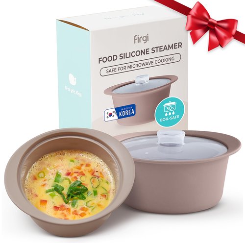 FIRGI 40oz Platinum Silicone Microwave Steamer Pot with Handle & Lid - Korean 100% Food-Grade Steamer Bowl, Heat-Resistant Cooker with Steam Holes, Easy Clean, Dishwasher Safe, Taupe Brown