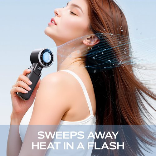 SHEWIND Portable Handheld Fan with Ice Cooling - 5 Gear High Speed Personal Turbo Fan Rechargeable, Up to 13 Hrs, Mini Hand Fans for Travel Essentials, Beach Vacation, Gifts for Women, Men (Black)