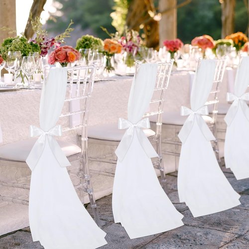 HunnmingRe Wedding Chair Sashes - 24 Sets of White Tulle Ribbons for Aisle Decor & Ceremony
