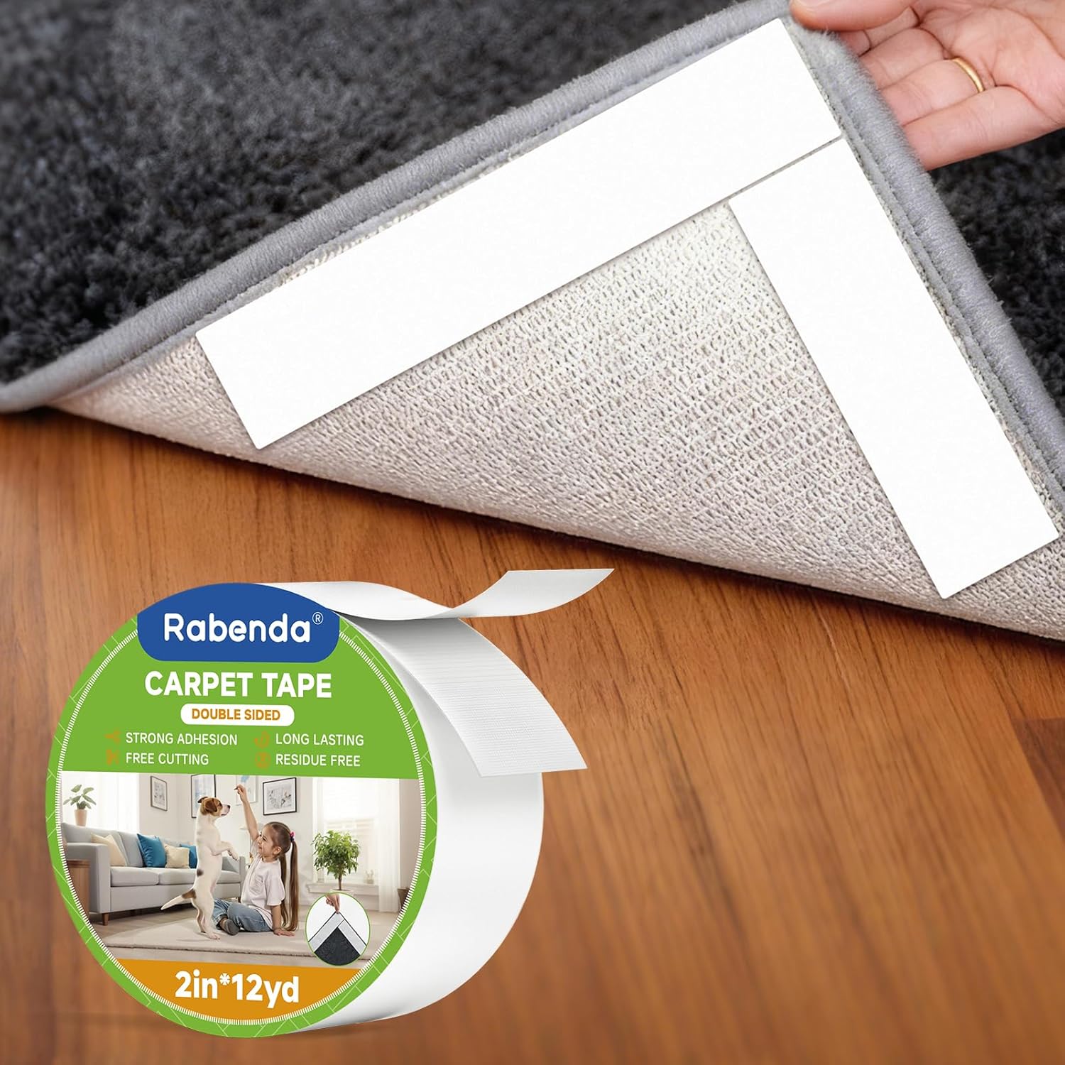 Rabenda Double-Sided Carpet Tape - 2 Inch x 12 Yards Removable Rug Tape for Hardwood & Tile Floors - Strong Hold, No Residue
