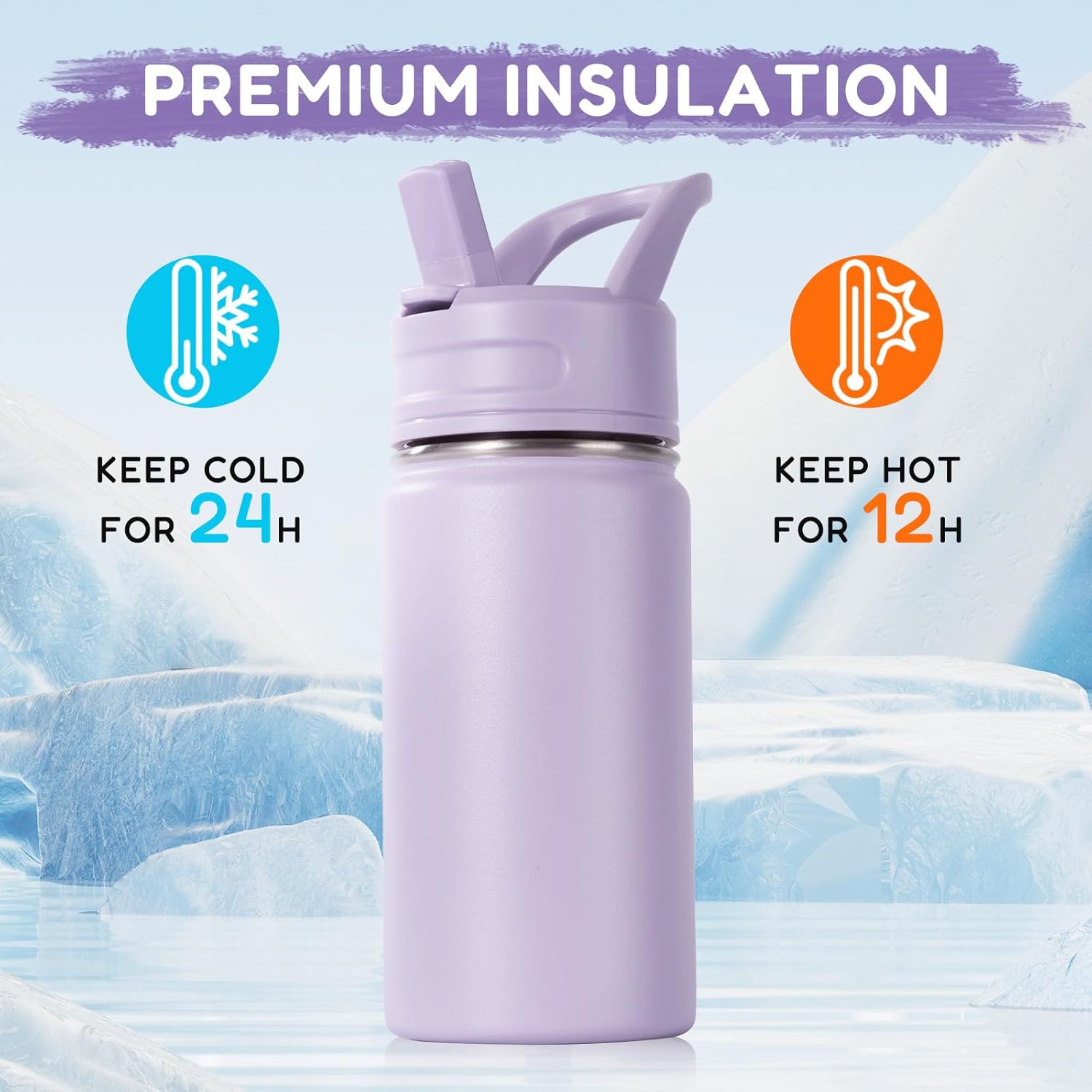 Skiennix 12oz Kids Water Bottle - Stainless Steel, Vacuum Insulated, Leak-Proof, Purple