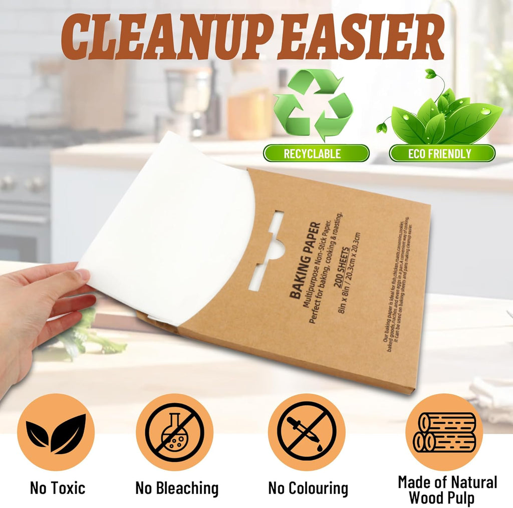 Skiennix Parchment Paper Sheets - 200 Pcs Food Grade Non-Stick Baking Liners | 8x8 Inch White