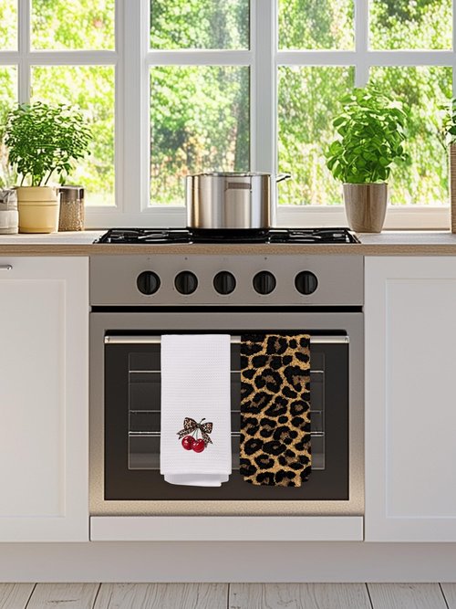 Leopard Bathroom Hand Towels Set of 2 - Cheetah Bow with Cherry Guest Hand Towels, Leopard Print Dish Tea Towels for Kitchen Decor, Cherry Themed Gifts for His Hers, Housewarming Gift Idea