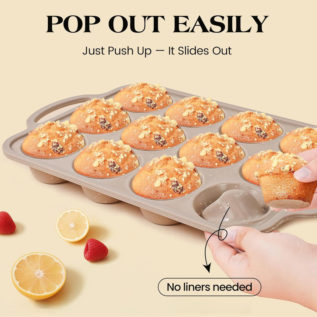 Vinino Silicone Muffin Pans - 2-Pack Nonstick Baking Molds with Metal Reinforced Frame | 12 Cups, BPA Free