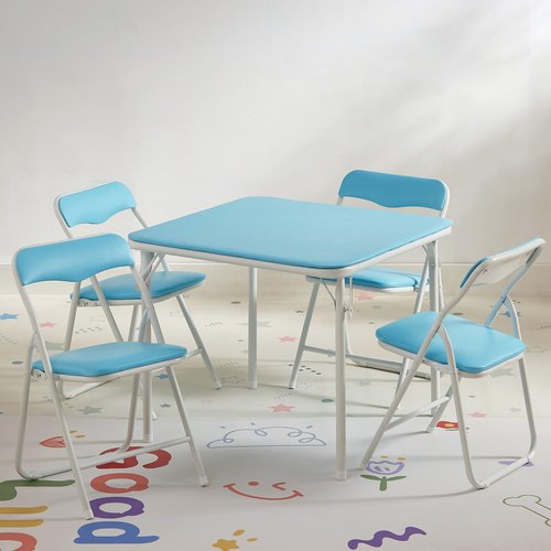 VECELO Kids Folding Activity Table and Chairs 5 Pcs, Portable, with Ultra Soft Padded Cushion, 5 Piece Set, Baby Blue