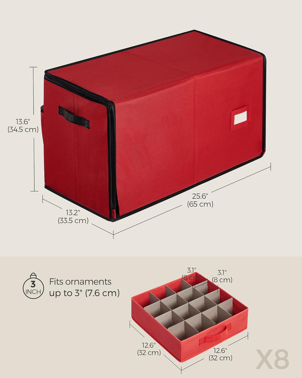 SONGMICS Large Christmas Ornament Storage Box - Stackable Container with 8 Drawer Trays, 128 Slots, Cherry Red