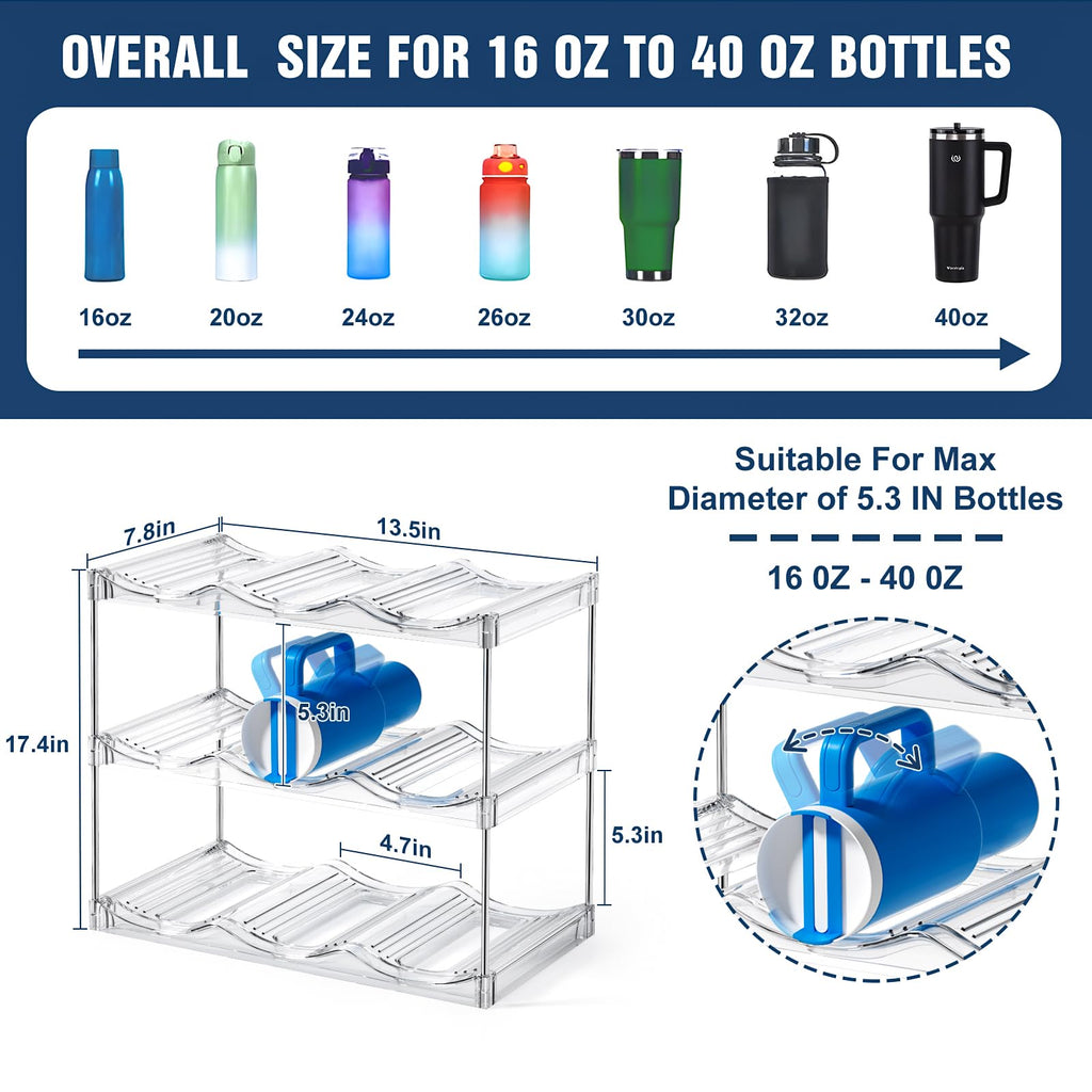 AWGOU Stackable Water Bottle Organizer for Cabinet, Bottle and Other Tumbler Organizer for Kitchen Cabinets,Clear Stackable Water Bottle Holder and Wine Rack