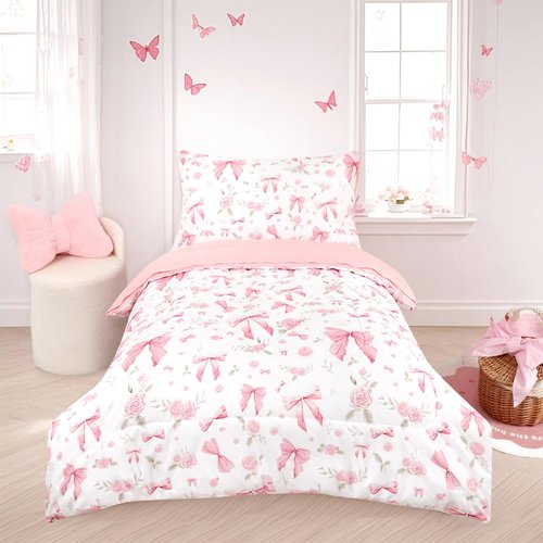 Jundetye Toddler Bedding Set for Girls 4 Pieces Pink Rose, Soft Breathable Toddler Comforter Set, Bow Flower Print, Includes Reversible Comforter, Fitted Sheet and Flat Sheet, Pillowcase