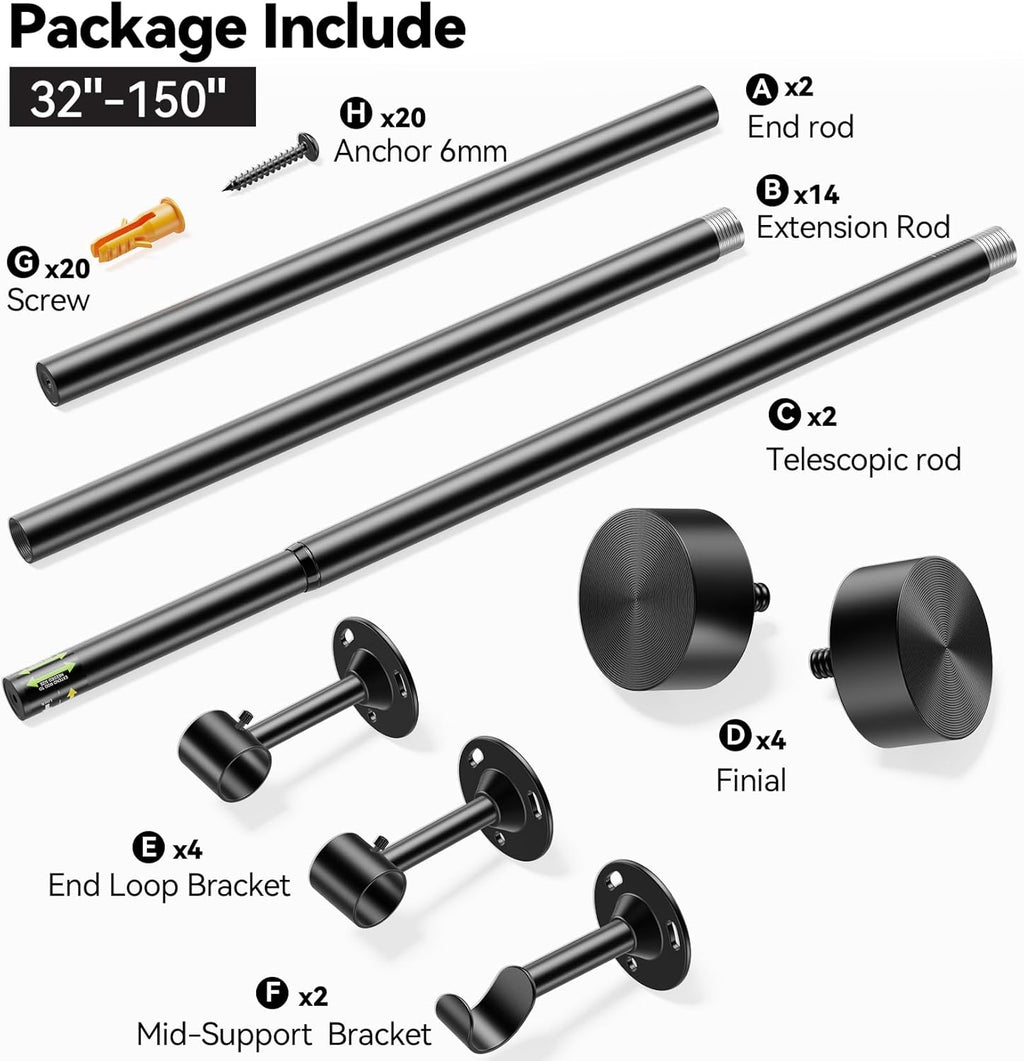 YaFex Heavy Duty Curtain Rods - Adjustable 32-150 Inch Black Window Treatment | Easy Install, Aluminium Finials