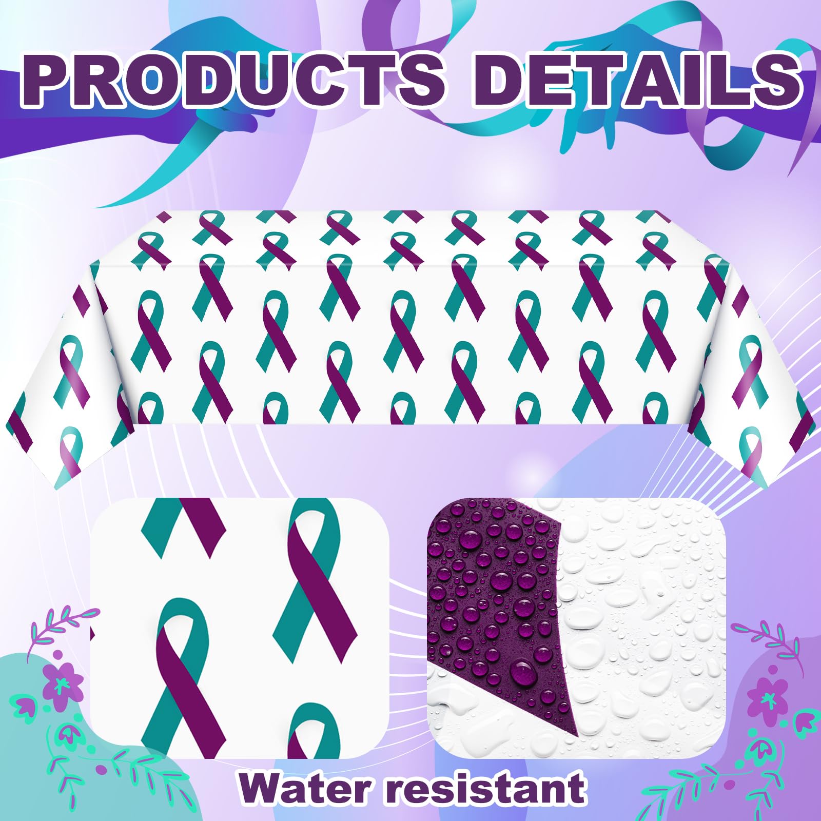 Buryeah 3 Pcs Suicide Awareness Tablecloth Suicide Prevention Month Items Purple and Teal Ribbon Rectangle Disposable Plastic Table Covers Suicide Prevention Decoration for Home Community Events