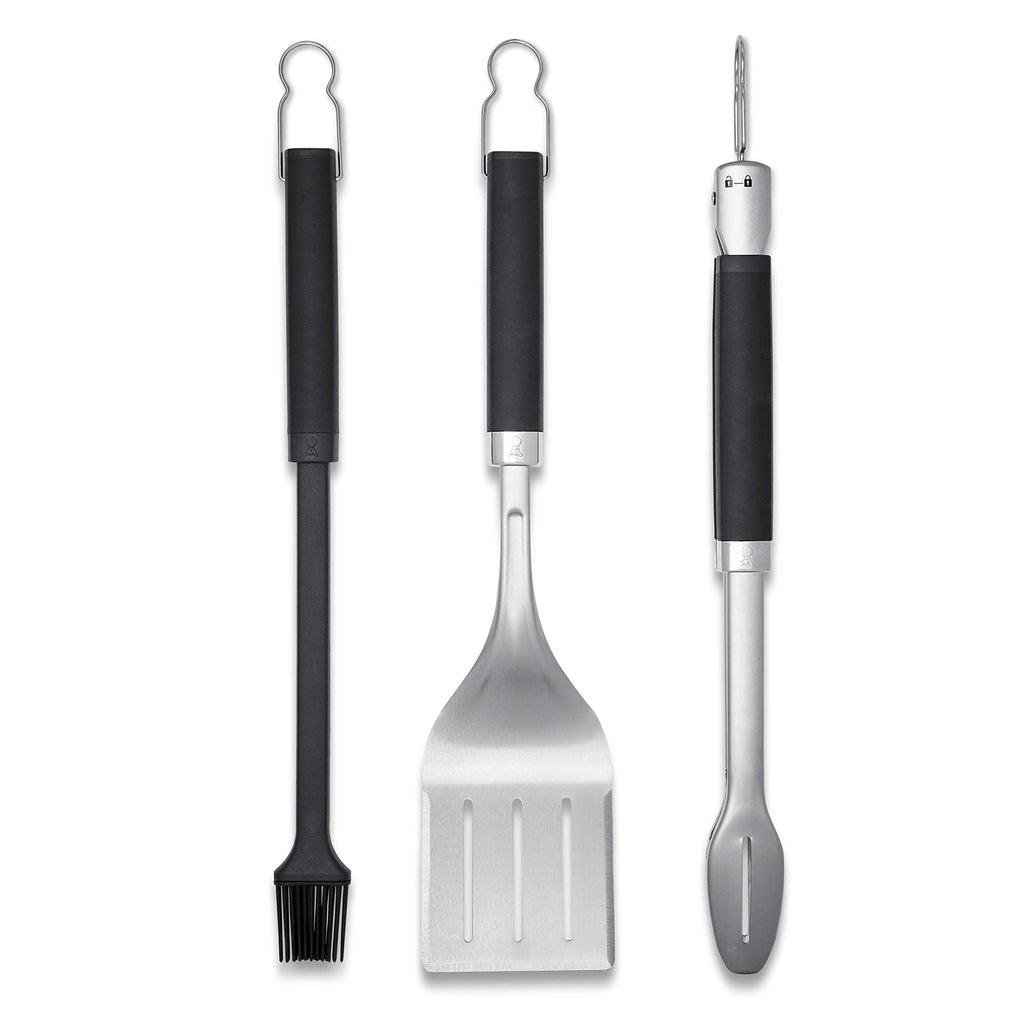 Weber Precision 3‑Piece Grilling Tool Set – Stainless Steel Tongs, Spatula & Silicone Basting Brush with Non‑Slip Handles and Hands‑Free Locking