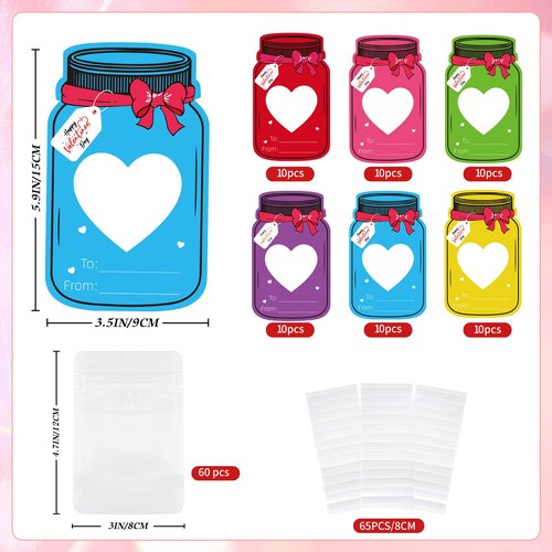 Labrostar 60Pcs Valentines Day Gifts for Kids Valentines Day Mason Jar Cards with Treat Bags for Valentines Exchange Cards Boys Girls Toddler School Classroom Activities Party Favors