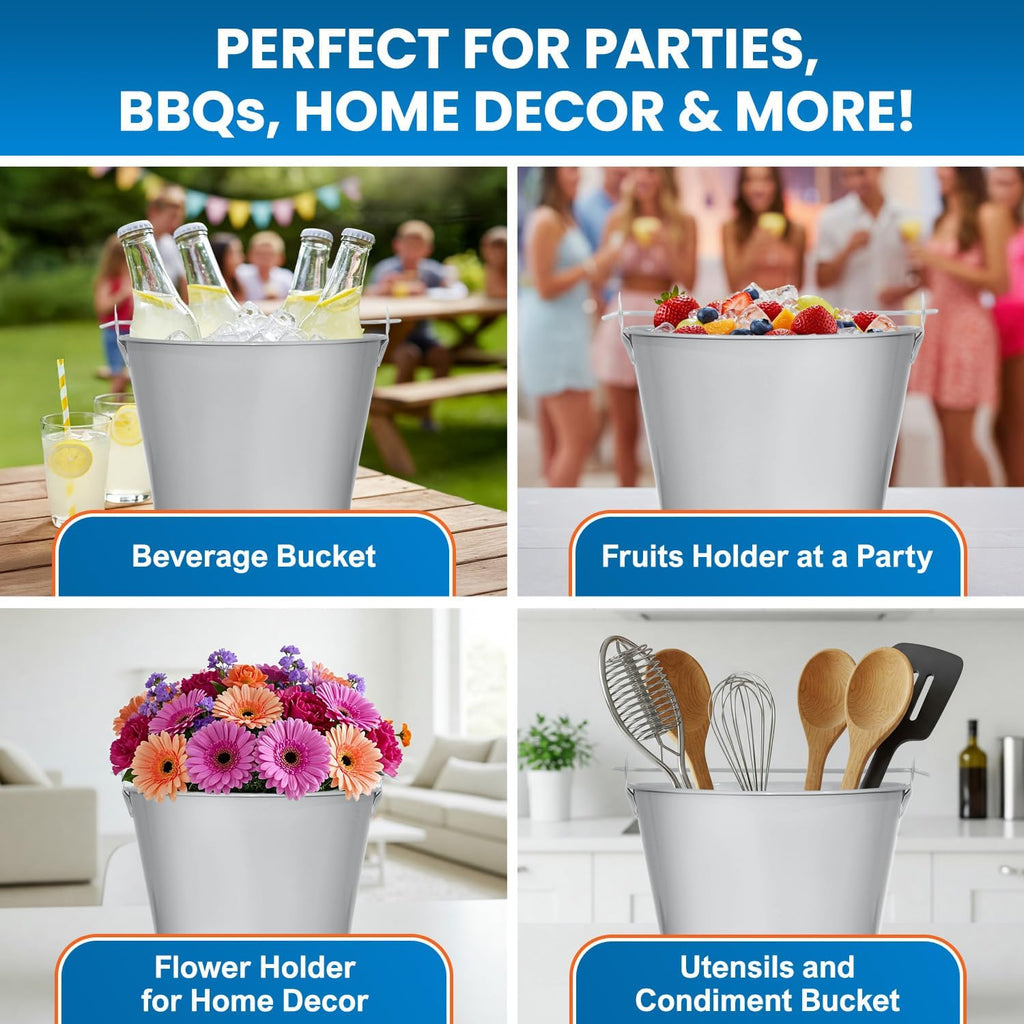PLEXON Ice Bucket for Parties Coctail Bar Restaurant - Drink Beer Champagne Metal Pail Bucket with Handle, Beverage Chiller, 1.3 Gallon, Galvanized Steel, Gray, Set of 3
