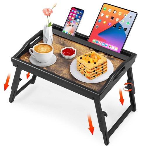 2 Pack Bed Tray Table with Adjustable Legs Breakfast Trays Serving Tray Bamboo Bed Laptap Floding Legs with Handles and Phone Holders