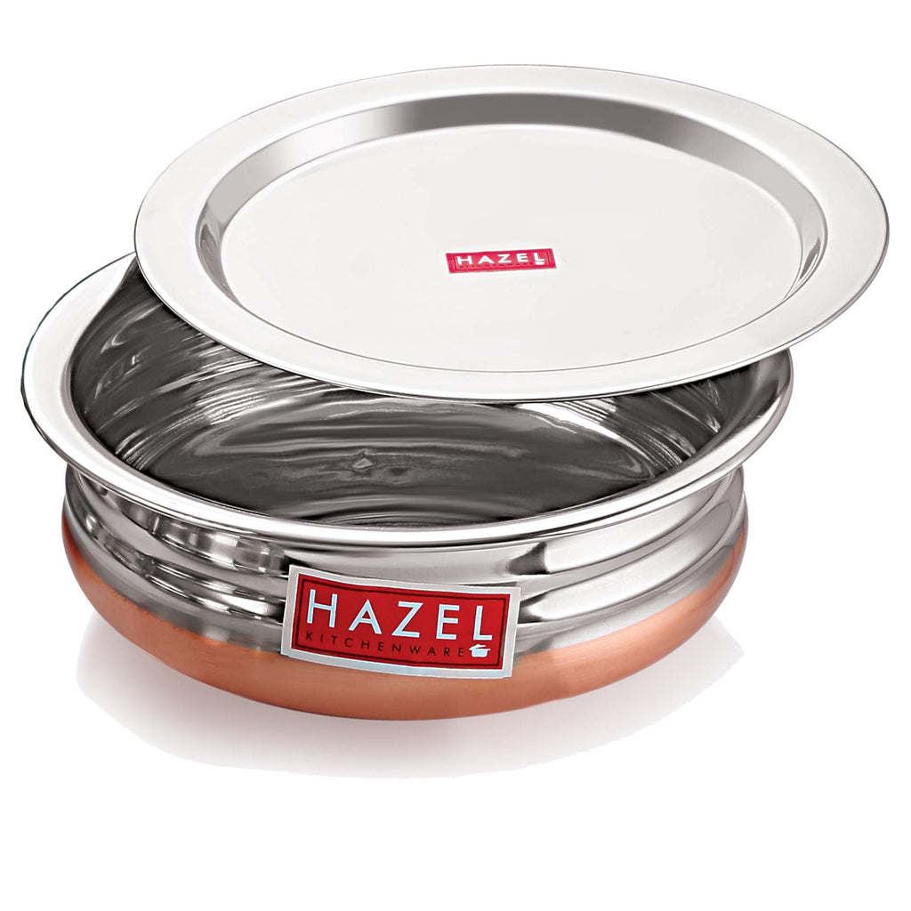 HAZEL Stainless Steel Copper Bottom Pot Handi with Lid | Urli Vessel Cooking Stainless Steel | Serving Tope Handi | Serveware set of 5 (600 ml, 900 ml, 1200 ml, 1500 ml, 1800 ml) | 3 Months Warrenty